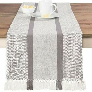 Sticky Toffey Gray Cotton Woven Table Runner with Fringe - 14" Width, 72" Length